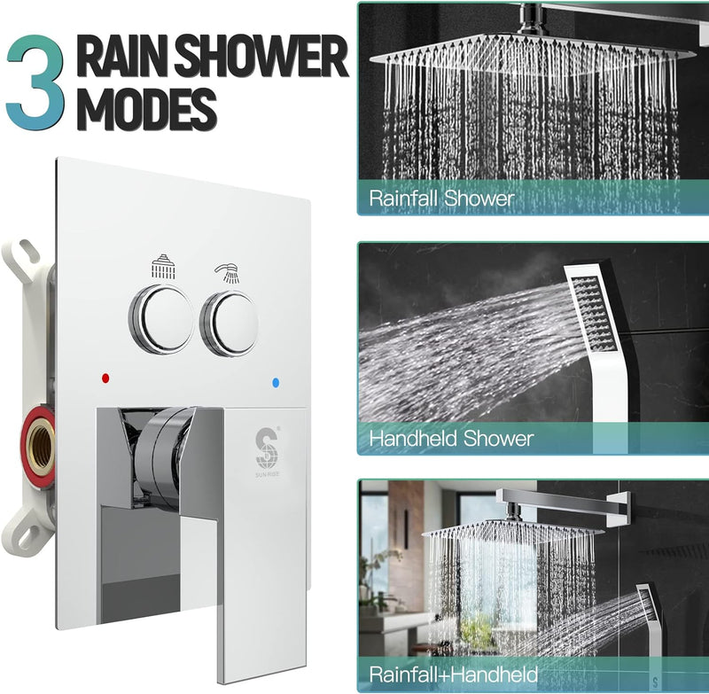 SR SUN RISE Shower System with Push Button Diverter Bathroom Luxury 12 Inch Rain Shower Head with Handheld Spray