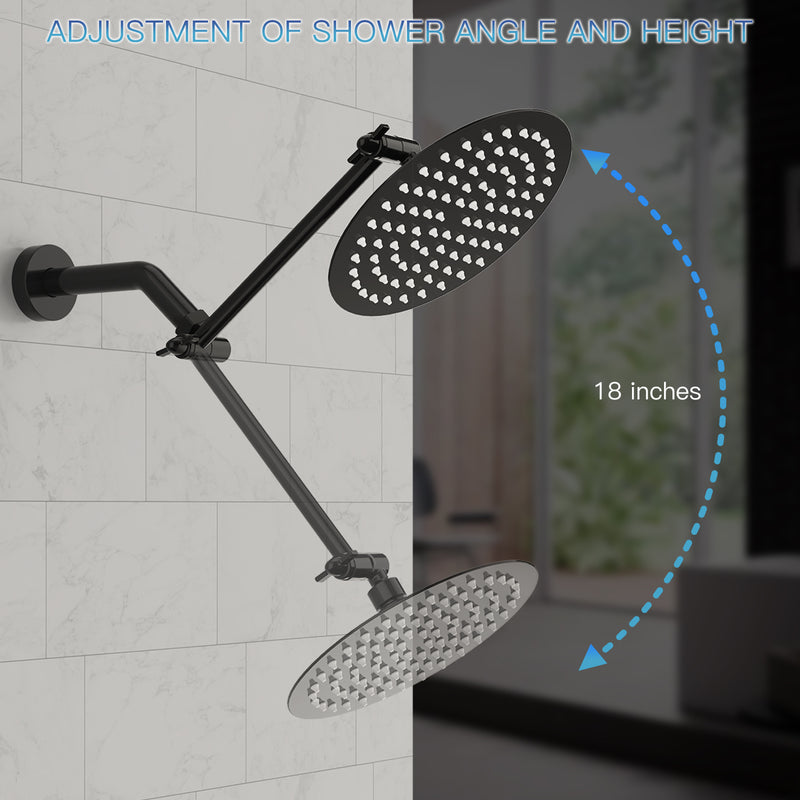 Matte Black Shower System, Rain Shower Head With Adjustable Extension Shower Arm Combo