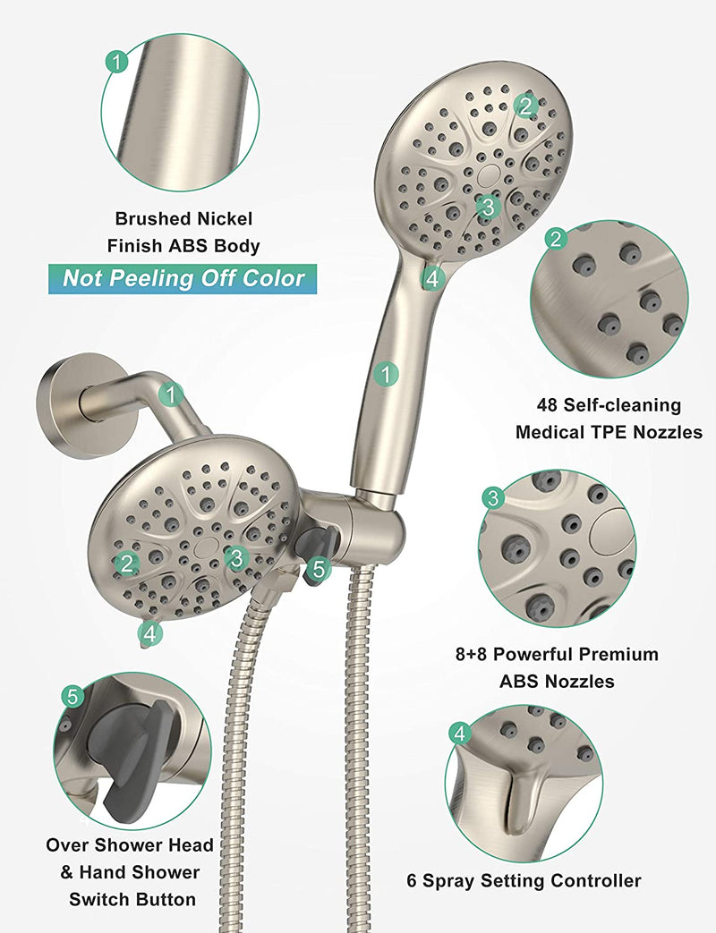 Brushed Nickel Dual 2 in 1 Shower System Combo with tub spout