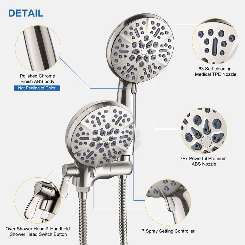 7+7 Multi Functions High Pressure Dual Shower Head with Hose, Brushed Nickel