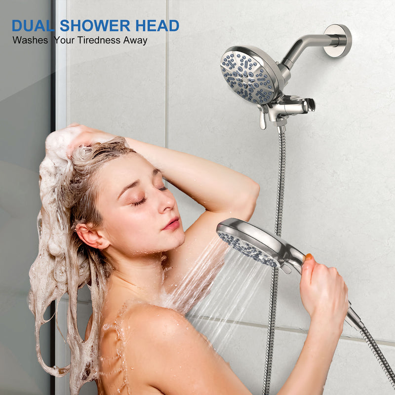 7+7 Multi Functions High Pressure Dual Shower Head with Hose, Brushed Nickel