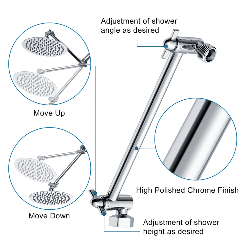 Polished Chrome Shower System, Rain Shower Head With Adjustable Extension Shower Arm Combo