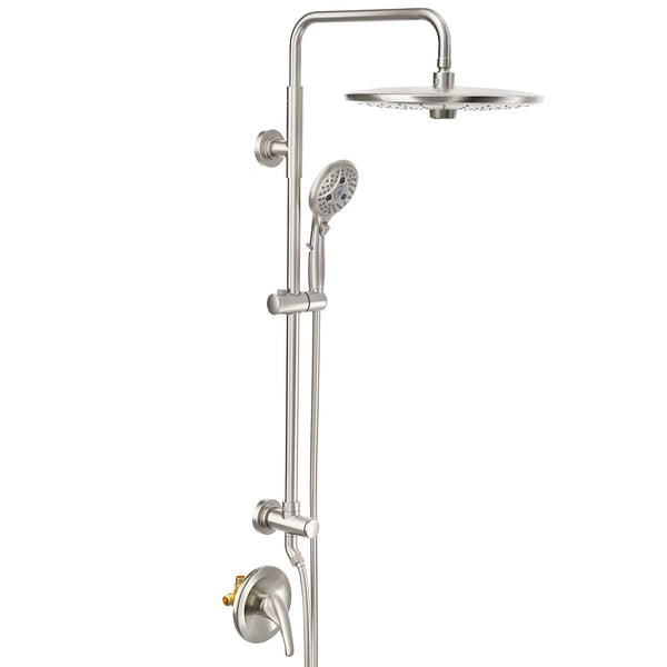 Brushed Nickel 10 Inch shower System with Height Adjustable Slide Bar and Rough-in Valve&Trims