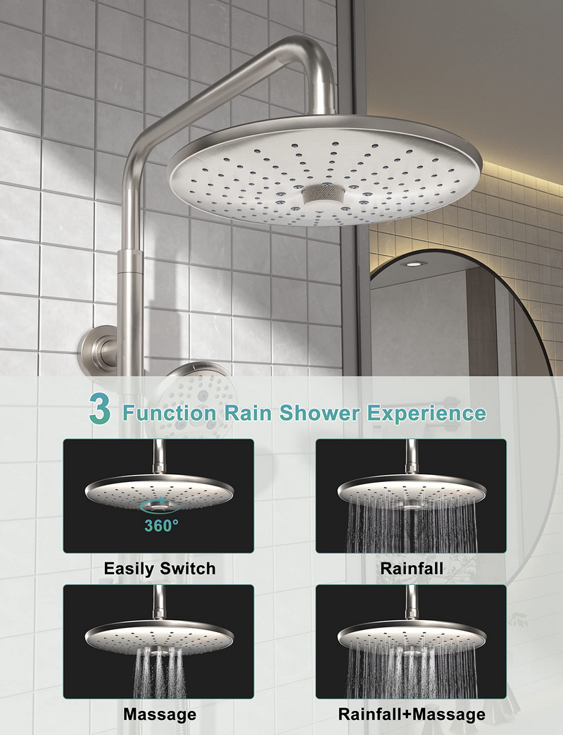 Brushed Nickel 10 Inch shower System with Height Adjustable Slide Bar and Rough-in Valve&Trims