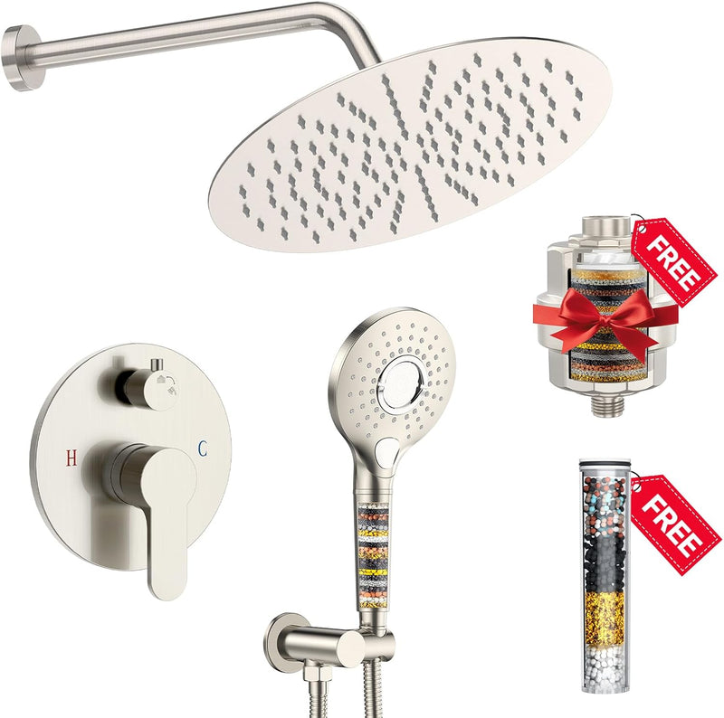Shower System - 8/12 Inch Dual Filtered Rainfall Shower Head Combo - High Pressure 3 Spray Mode Showerhead-Included Rough in Valve and Trim Kit