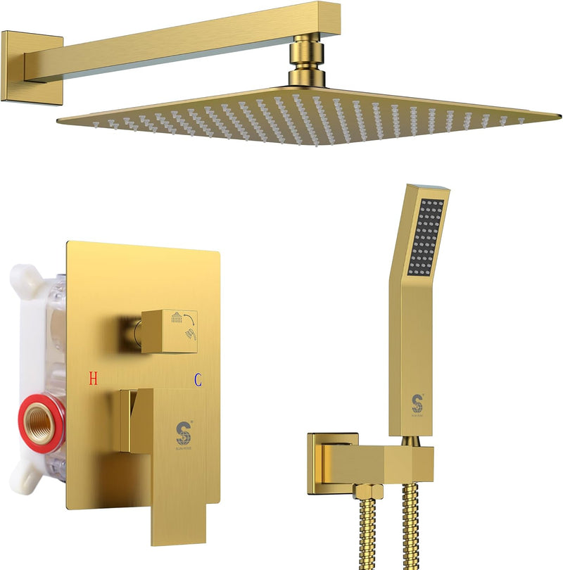 8/10/12/16SR SUN RISE Shower Faucets Sets Complete Brushed Gold Square Rain Shower Head with Handheld Spray All Metal Shower Faucet Trim Repair Kits (Contain Shower Valve)