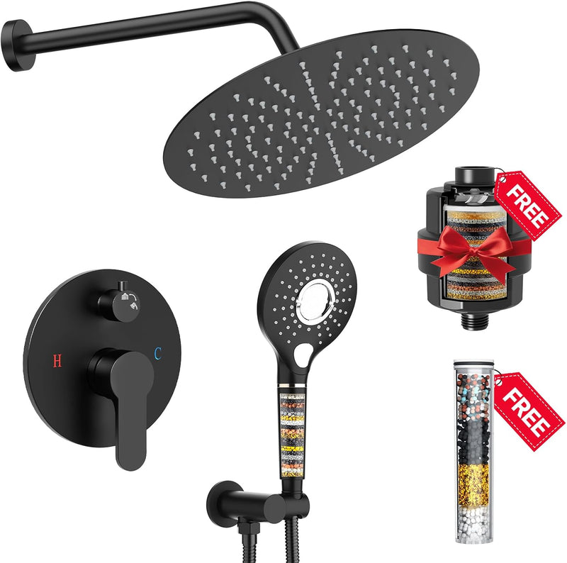 Shower System - 8/12 Inch Dual Filtered Rainfall Shower Head Combo - High Pressure 3 Spray Mode Showerhead-Included Rough in Valve and Trim Kit