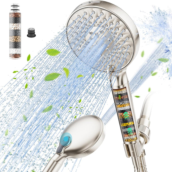 SR SUN RISE Filtered Shower Head with Handheld, High Pressure 9 Spray Mode Brushed Nickel Showerhead with Filters, detachable shower head,Water Softener Filters Beads for Hard Water - Remove Chlorine