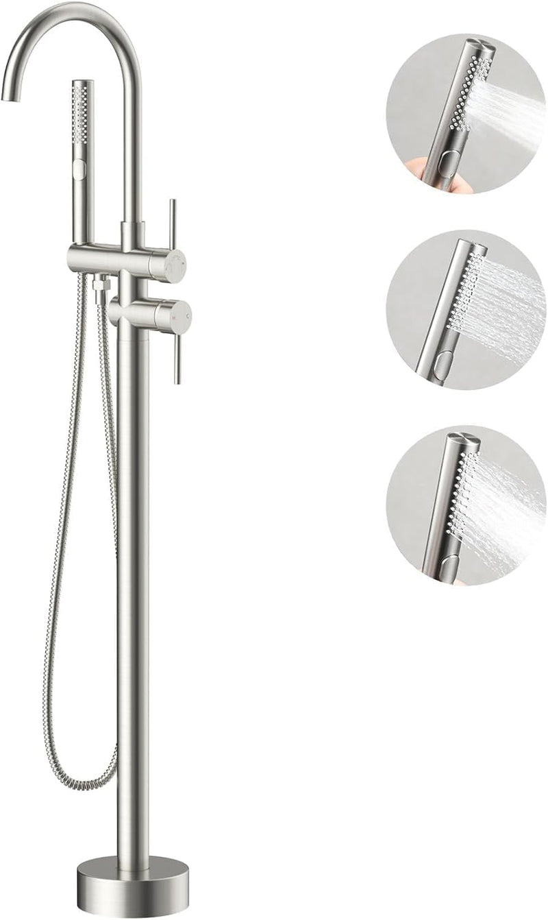 Free Standing Bathtub Faucet Set: SR SUN RISE Floor Mount Tub Filler with 3-Function Handheld Shower Head, Matte Black High Flow Brass Freestanding Shower Faucet