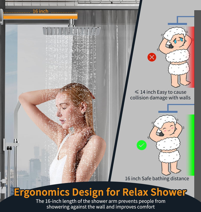 10/12/16 inch SR SUN RISE  Bathroom Luxury Rain Mixer Combo Set Wall Mounted Rainfall Shower Head System Polished Chrome, (Contain Faucet Rough-in Valve Body and Trim)