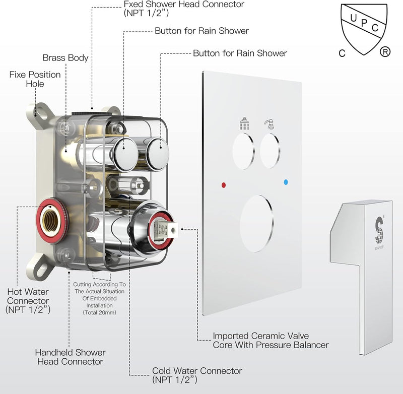 Push Button Shower Systems SR SUN RISE Shower System with Push Button Diverter Bathroom Luxury 12 ...