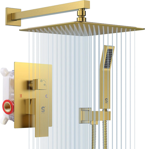 8/10/12/16 Inches Bathroom Luxury Rain Mixer Shower Combo Set Wall Mounted , Brushed Gold