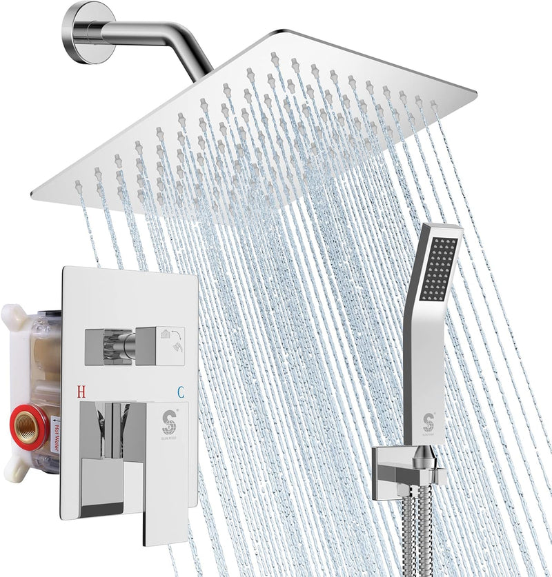 10/12/16 inch SR SUN RISE  Bathroom Luxury Rain Mixer Combo Set Wall Mounted Rainfall Shower Head System Polished Chrome, (Contain Faucet Rough-in Valve Body and Trim)