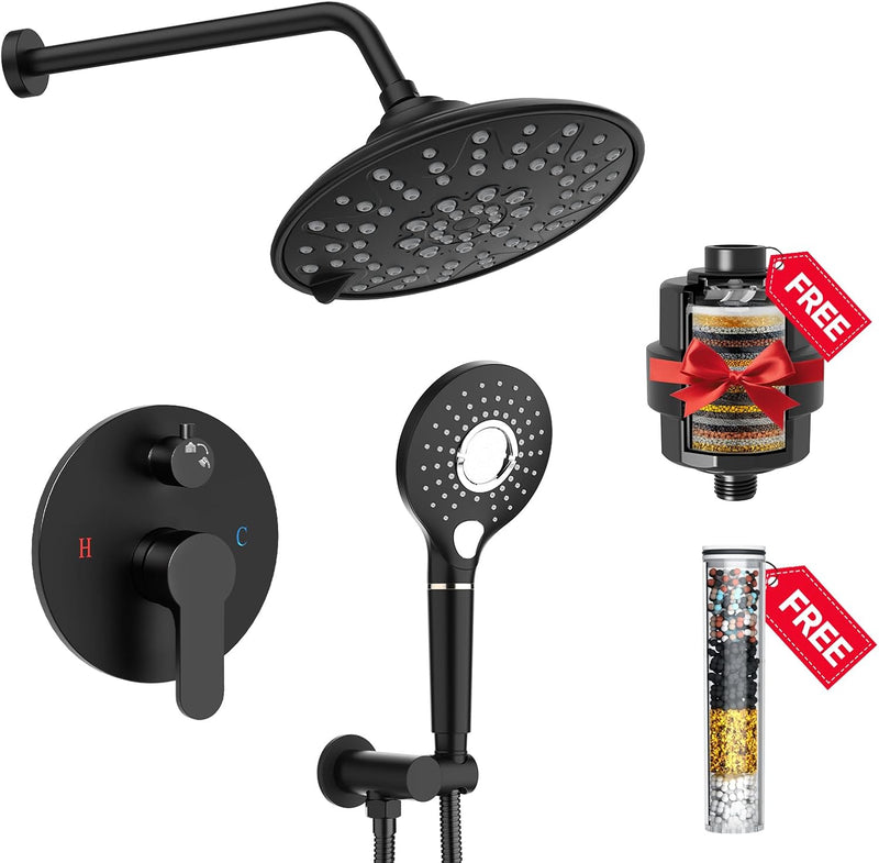 Shower System - 8/12 Inch Dual Filtered Rainfall Shower Head Combo - High Pressure 3 Spray Mode Showerhead-Included Rough in Valve and Trim Kit