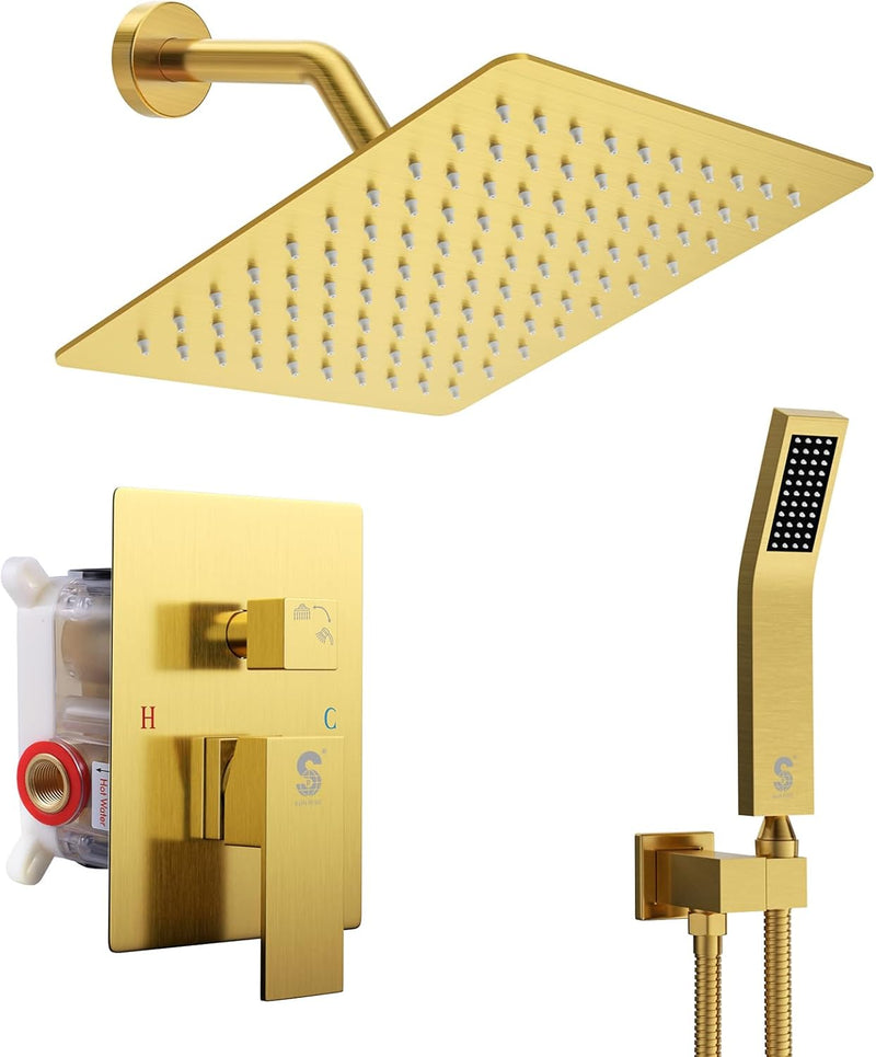 8/10/12/16SR SUN RISE Shower Faucets Sets Complete Brushed Gold Square Rain Shower Head with Handheld Spray All Metal Shower Faucet Trim Repair Kits (Contain Shower Valve)