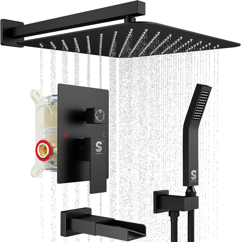 8/12/16 Inch Matte Black Wall Mounted Shower System with Tub Spout