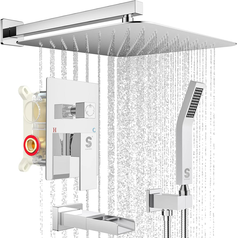 8/12/16 Inch Polished Chrome Wall Mounted Shower System with Tub Spout