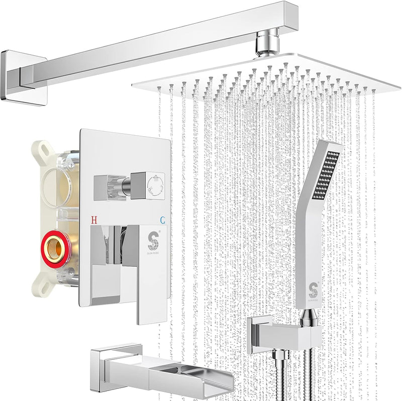 8/12/16 Inch Polished Chrome Wall Mounted Shower System with Tub Spout