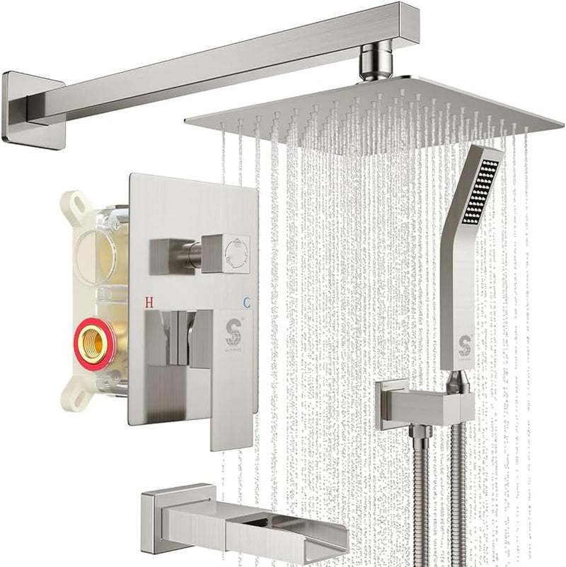 8/12/16 Inch Brushed Nickel Wall Mounted Shower System with Tub Spout