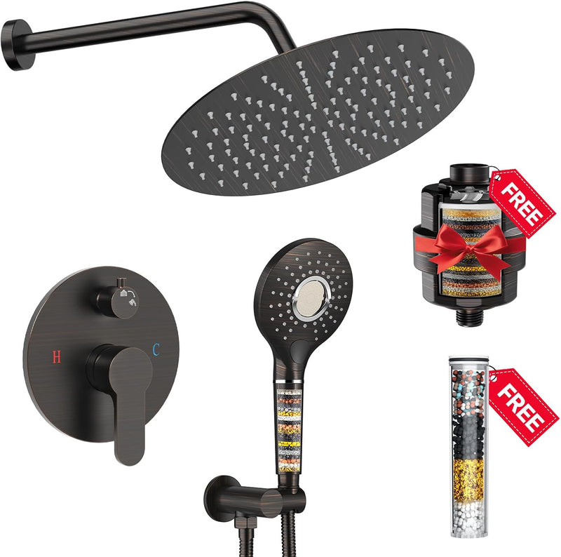 Shower System - 8/12 Inch Dual Filtered Rainfall Shower Head Combo - High Pressure 3 Spray Mode Showerhead-Included Rough in Valve and Trim Kit