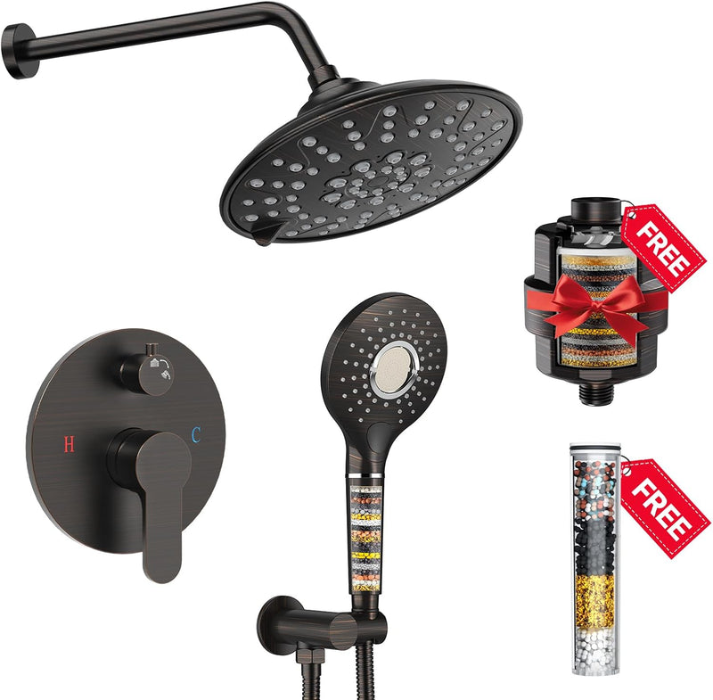 Shower System - 8/12 Inch Dual Filtered Rainfall Shower Head Combo - High Pressure 3 Spray Mode Showerhead-Included Rough in Valve and Trim Kit