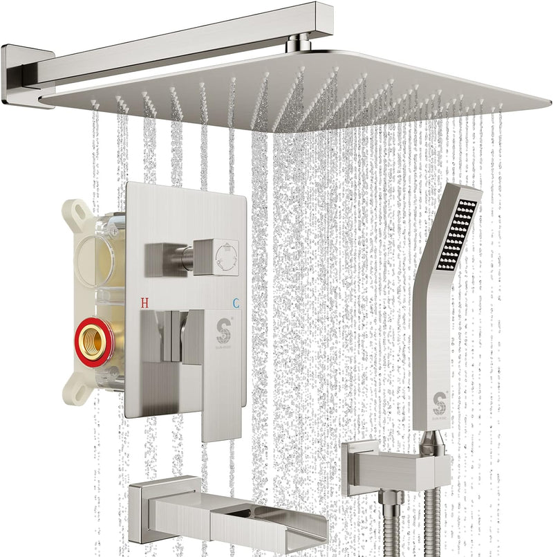 8/12/16 Inch Brushed Nickel Wall Mounted Shower System with Tub Spout