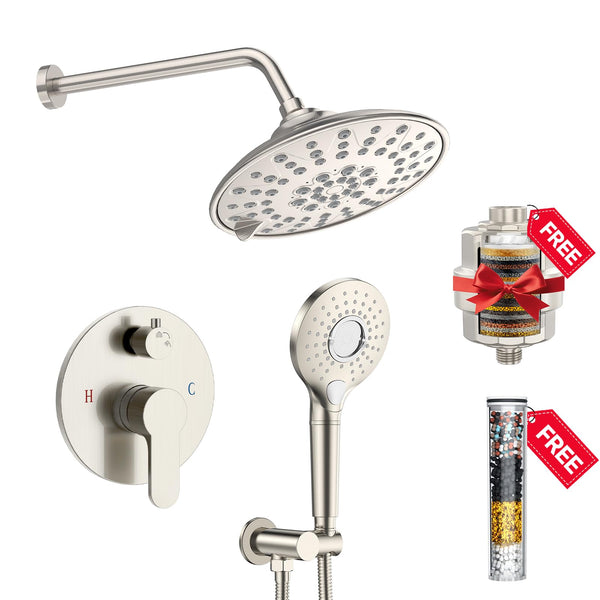 Shower System - 8/12 Inch Dual Filtered Rainfall Shower Head Combo - High Pressure 3 Spray Mode Showerhead-Included Rough in Valve and Trim Kit