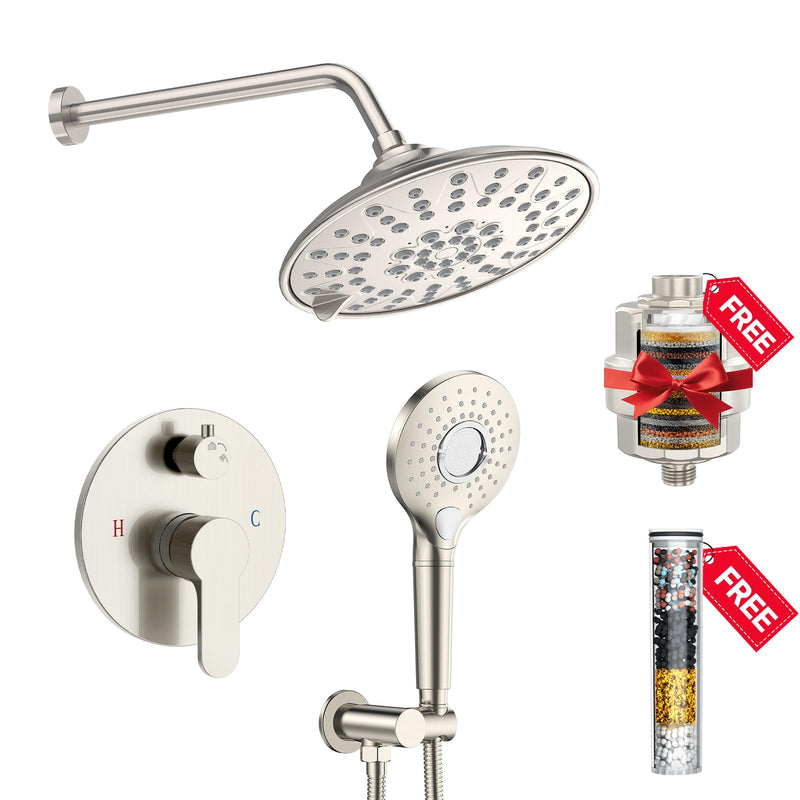 Shower System - 8/12 Inch Dual Filtered Rainfall Shower Head Combo - High Pressure 3 Spray Mode Showerhead-Included Rough in Valve and Trim Kit