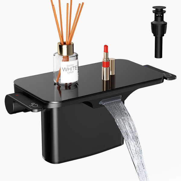 Matte Black Bathroom Sink Faucet - 4 Inch Vanity With Storage Platform, 2 Hole With Pop-up Drain Stopper, Solid Basin