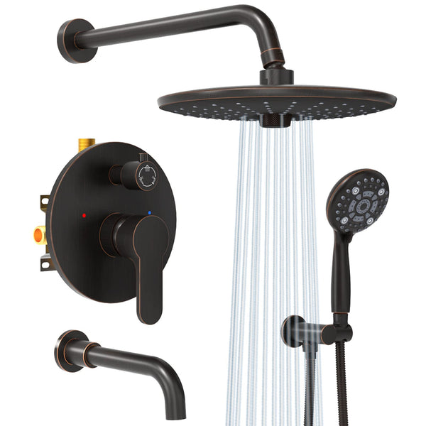 SR SUN RISE 10 Inches Wall Mounted Shower System with Tub Spout Shower Tub Faucets Sets Complete Newer Model High Pressure 8-Spray Rain Shower Head and 6-Setting Handheld Combo