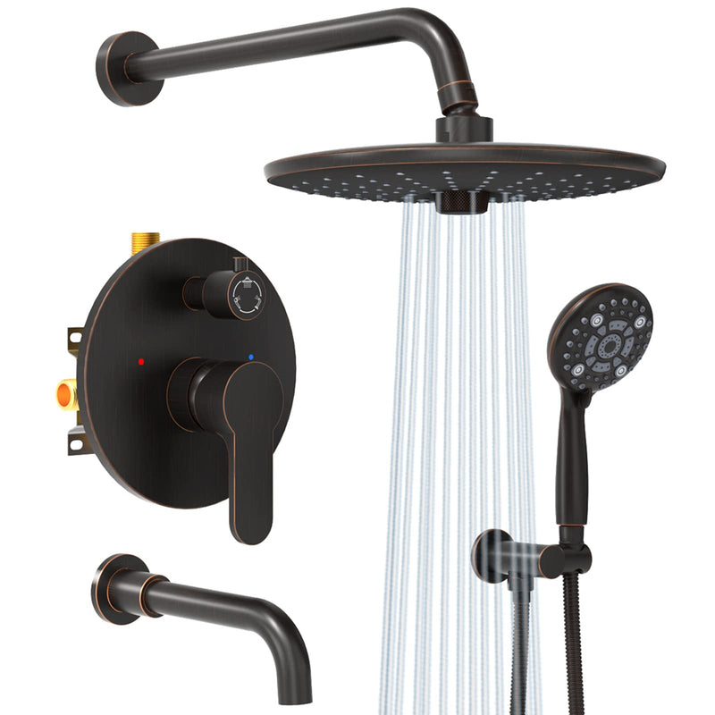 SR SUN RISE 10 Inches Wall Mounted Shower System with Tub Spout Shower Tub Faucets Sets Complete Newer Model High Pressure 8-Spray Rain Shower Head and 6-Setting Handheld Combo