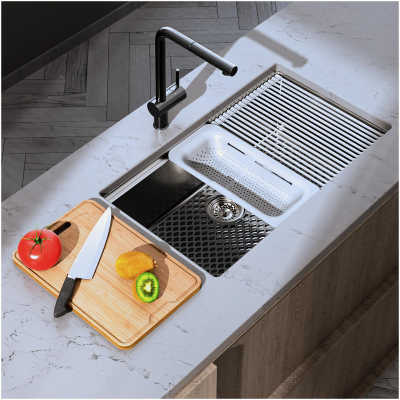 Undermount Stainless Steel Kitchen Sink - SR SUN RISE 32" x 18" x 10" Drop In Workstation Sink， Handmade Single Bowl Kitchen Sink with Accessories (Pack of 5)， Brushed Finish