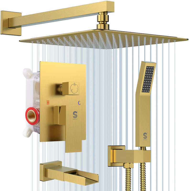 SR SUN RISE All Metal Square Shower System with Tub Spout, Tub Shower Faucet Set, High Pressure Rain Shower Head and Handheld Sprayer Combo Shower Fixtues, Valve Included, Brushed Gold