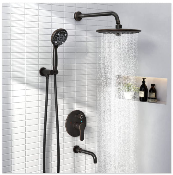 SR SUN RISE 10 Inches Wall Mounted Shower System with Tub Spout Shower Tub Faucets Sets Complete Newer Model High Pressure 8-Spray Rain Shower Head and 6-Setting Handheld Combo