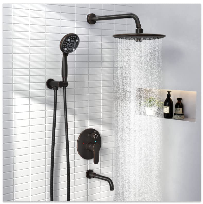SR SUN RISE 10 Inches Wall Mounted Shower System with Tub Spout Shower Tub Faucets Sets Complete Newer Model High Pressure 8-Spray Rain Shower Head and 6-Setting Handheld Combo