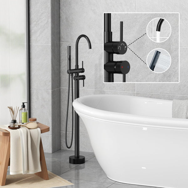 Free Standing Bathtub Faucet Set: SR SUN RISE Floor Mount Tub Filler with 3-Function Handheld Shower Head, Matte Black High Flow Brass Freestanding Shower Faucet