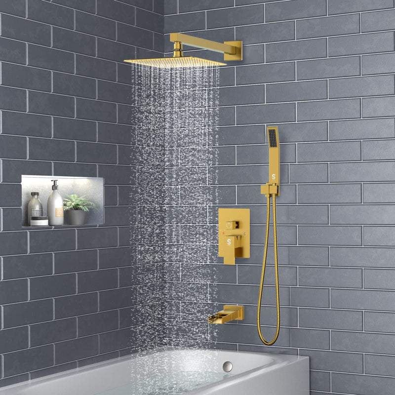 SR SUN RISE All Metal Square Shower System with Tub Spout, Tub Shower Faucet Set, High Pressure Rain Shower Head and Handheld Sprayer Combo Shower Fixtues, Valve Included, Brushed Gold