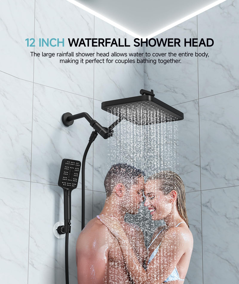 High Pressure Rain Shower Head with Handheld Spray Combo Set, Adjustable 12" Rainfall Dual Shower Head, Double&Tandem Shower Head, Waterfall Showerhead Bathroom