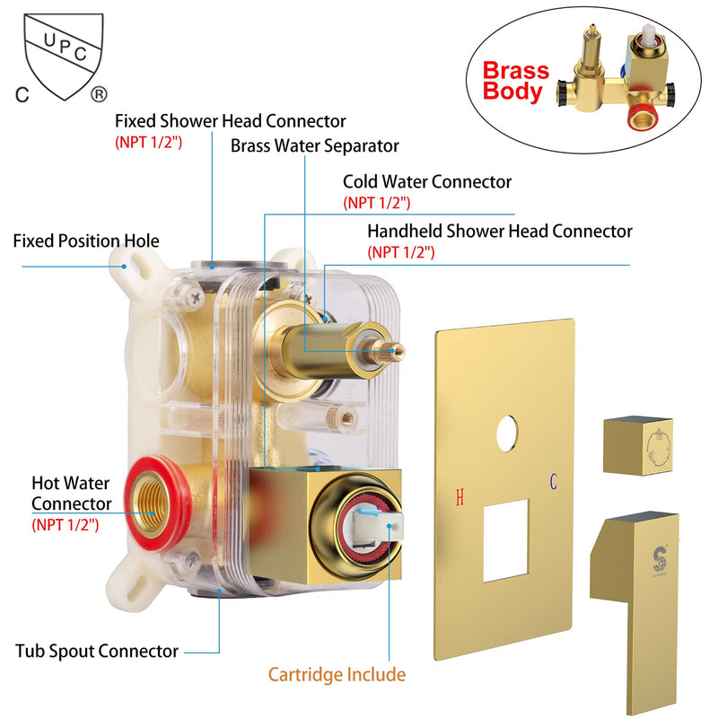 SR SUN RISE All Metal Square Shower System with Tub Spout, Tub Shower Faucet Set, High Pressure Rain Shower Head and Handheld Sprayer Combo Shower Fixtues, Valve Included, Brushed Gold