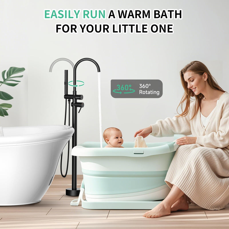 Free Standing Bathtub Faucet Set: SR SUN RISE Floor Mount Tub Filler with 3-Function Handheld Shower Head, Matte Black High Flow Brass Freestanding Shower Faucet