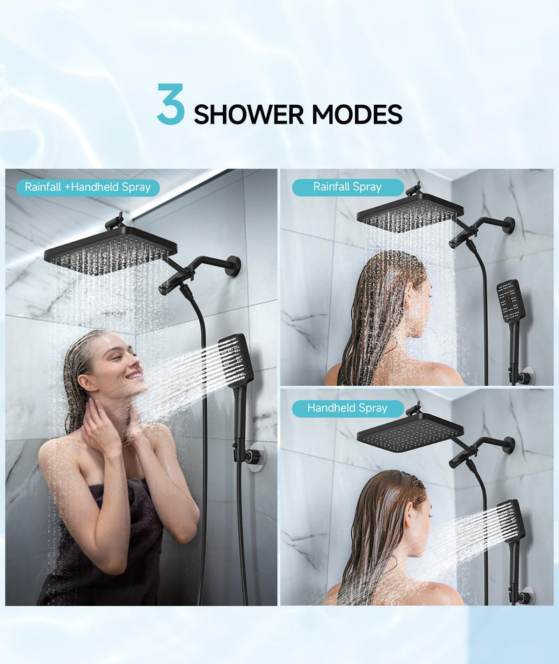 High Pressure Rain Shower Head with Handheld Spray Combo Set, Adjustable 12" Rainfall Dual Shower Head, Double&Tandem Shower Head, Waterfall Showerhead Bathroom