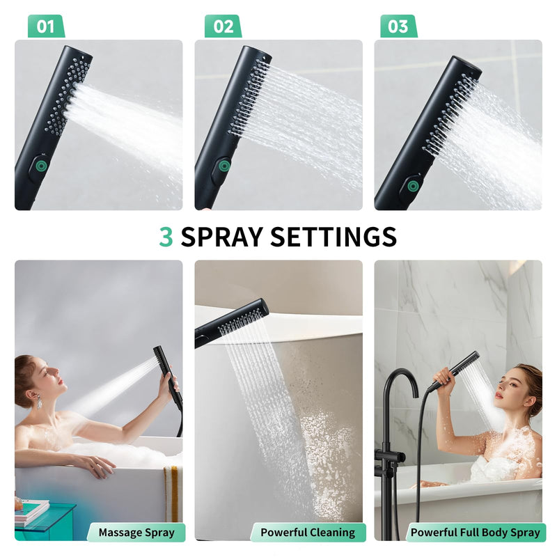 Free Standing Bathtub Faucet Set: SR SUN RISE Floor Mount Tub Filler with 3-Function Handheld Shower Head, Matte Black High Flow Brass Freestanding Shower Faucet