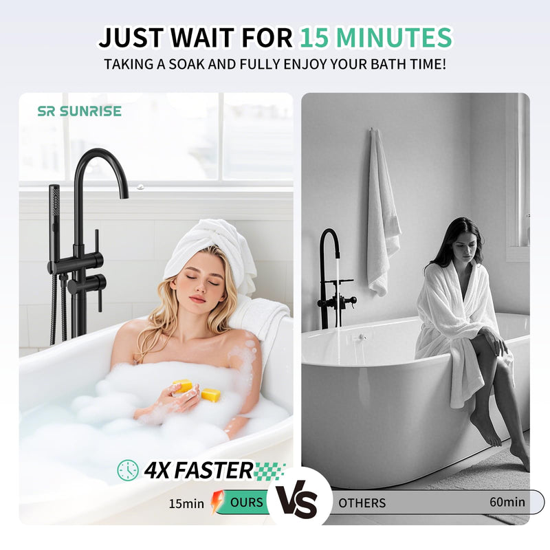 Free Standing Bathtub Faucet Set: SR SUN RISE Floor Mount Tub Filler with 3-Function Handheld Shower Head, Matte Black High Flow Brass Freestanding Shower Faucet