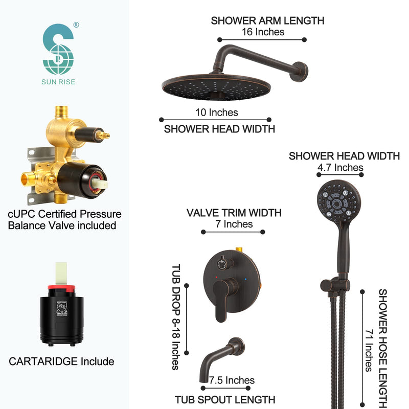 SR SUN RISE 10 Inches Wall Mounted Shower System with Tub Spout Shower Tub Faucets Sets Complete Newer Model High Pressure 8-Spray Rain Shower Head and 6-Setting Handheld Combo