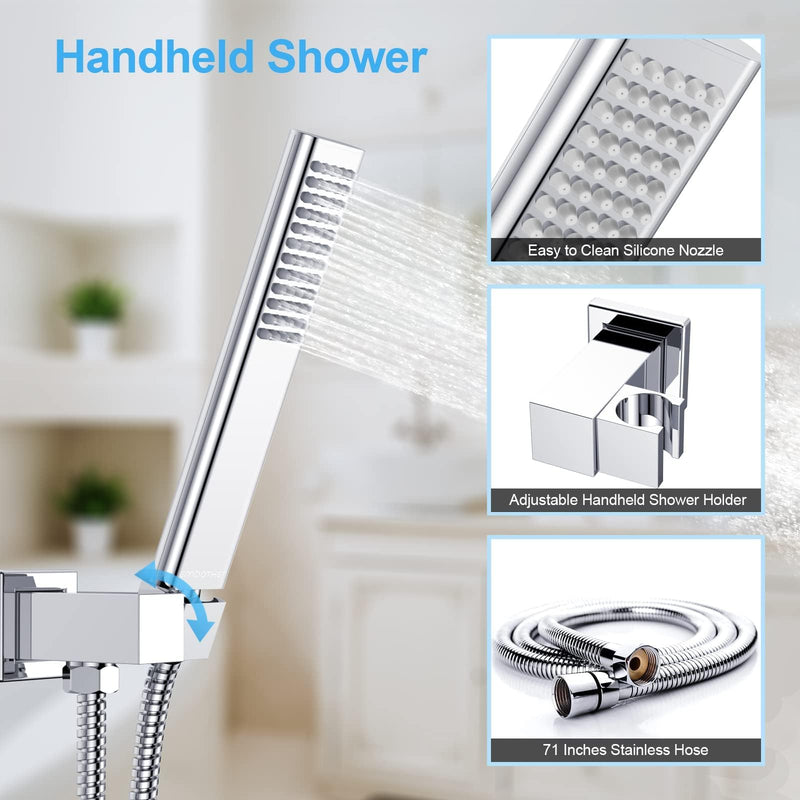 Rain Shower System, Polished Chrome Shower Faucets Sets Complete with 10 Inch Rain Shower Head and Handheld