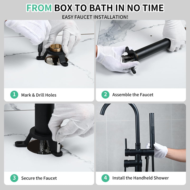 Free Standing Bathtub Faucet Set: SR SUN RISE Floor Mount Tub Filler with 3-Function Handheld Shower Head, Matte Black High Flow Brass Freestanding Shower Faucet