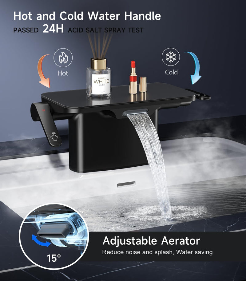 Matte Black Bathroom Sink Faucet - 4 Inch Vanity With Storage Platform, 2 Hole With Pop-up Drain Stopper, Solid Basin