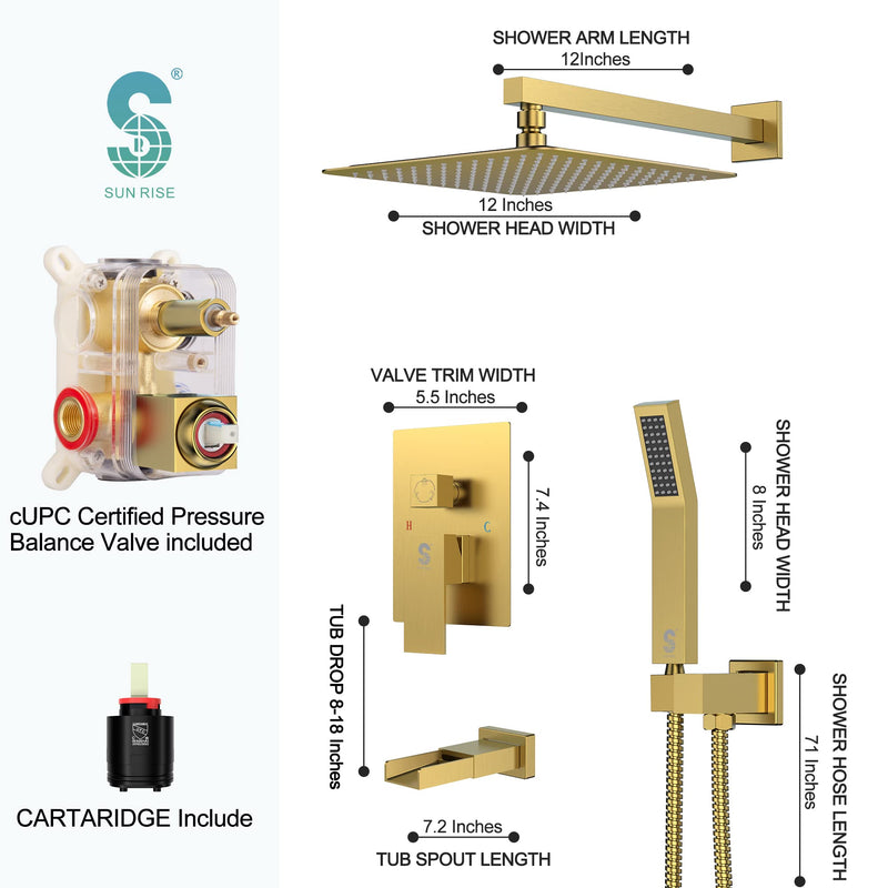 SR SUN RISE All Metal Square Shower System with Tub Spout, Tub Shower Faucet Set, High Pressure Rain Shower Head and Handheld Sprayer Combo Shower Fixtues, Valve Included, Brushed Gold