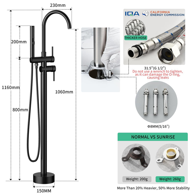 Free Standing Bathtub Faucet Set: SR SUN RISE Floor Mount Tub Filler with 3-Function Handheld Shower Head, Matte Black High Flow Brass Freestanding Shower Faucet