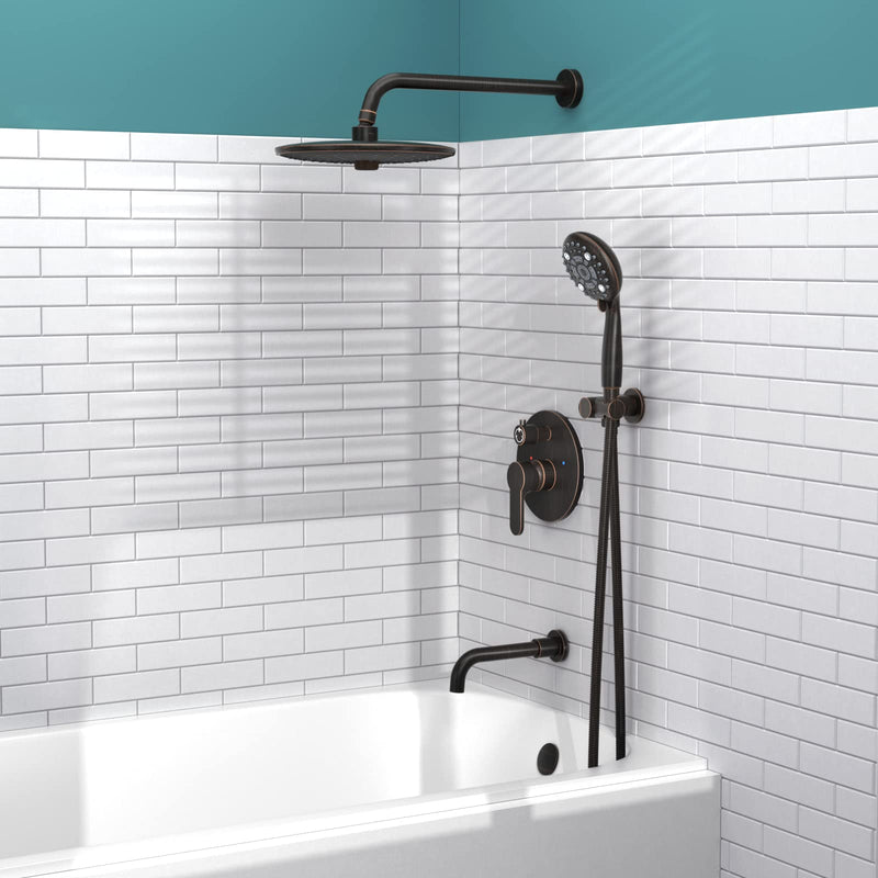 SR SUN RISE 10 Inches Wall Mounted Shower System with Tub Spout Shower Tub Faucets Sets Complete Newer Model High Pressure 8-Spray Rain Shower Head and 6-Setting Handheld Combo